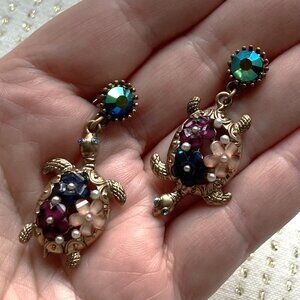 Shell Yeah! Betsey Johnson Whimsical Turtle Dangle Earrings w/Bling! Gold-toned